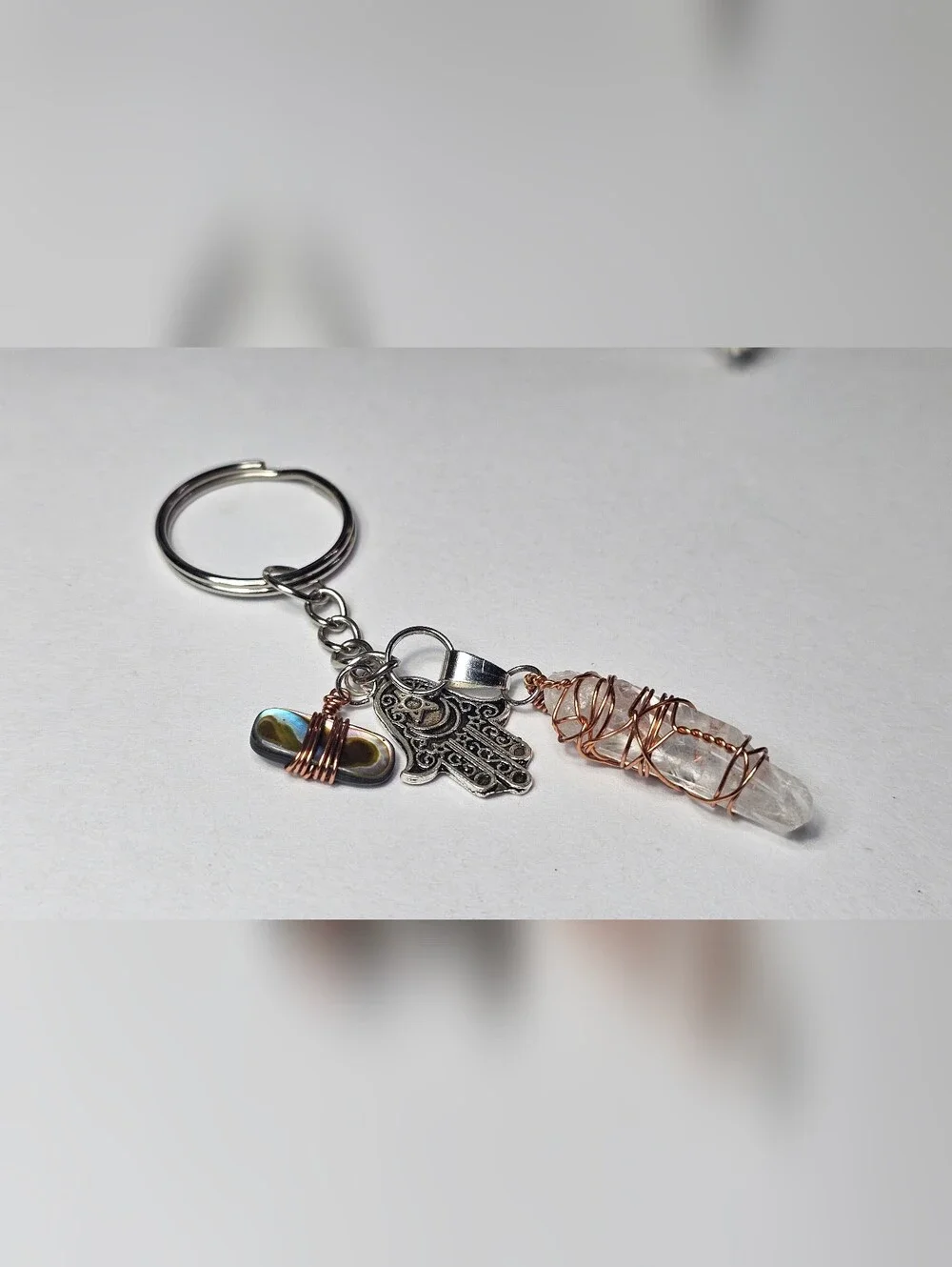 Crystal Point Wire-Wrap Keychain with Hamsa Charm
